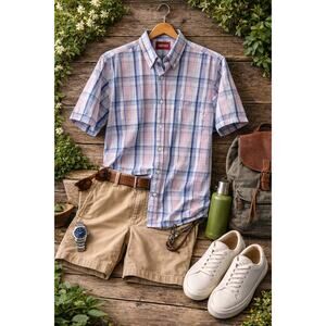 IZOD Mens Medium Plaid Button Down Shirt Short Sleeve Blue Pink Classic Preppy